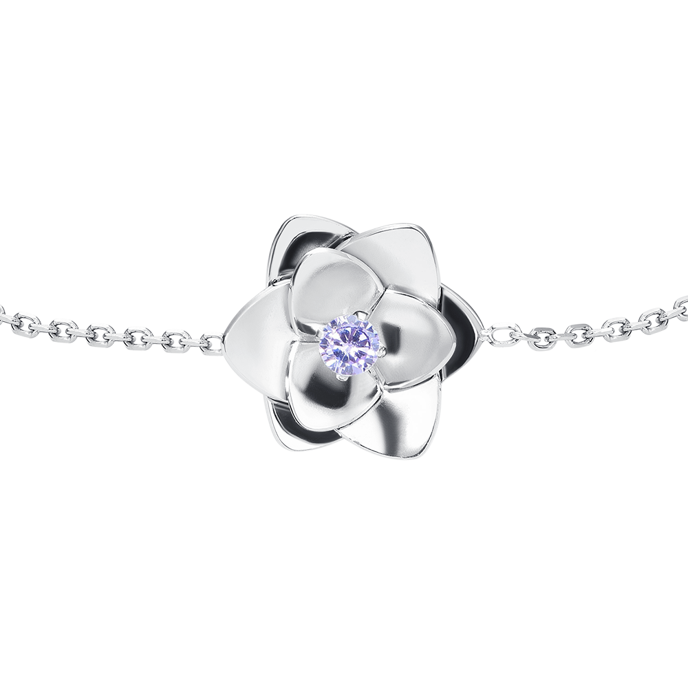 BRACCIALE DONNA IN ACCIAIO, FIORE ED ELEMENTI CON ZIRCONI VIOLA