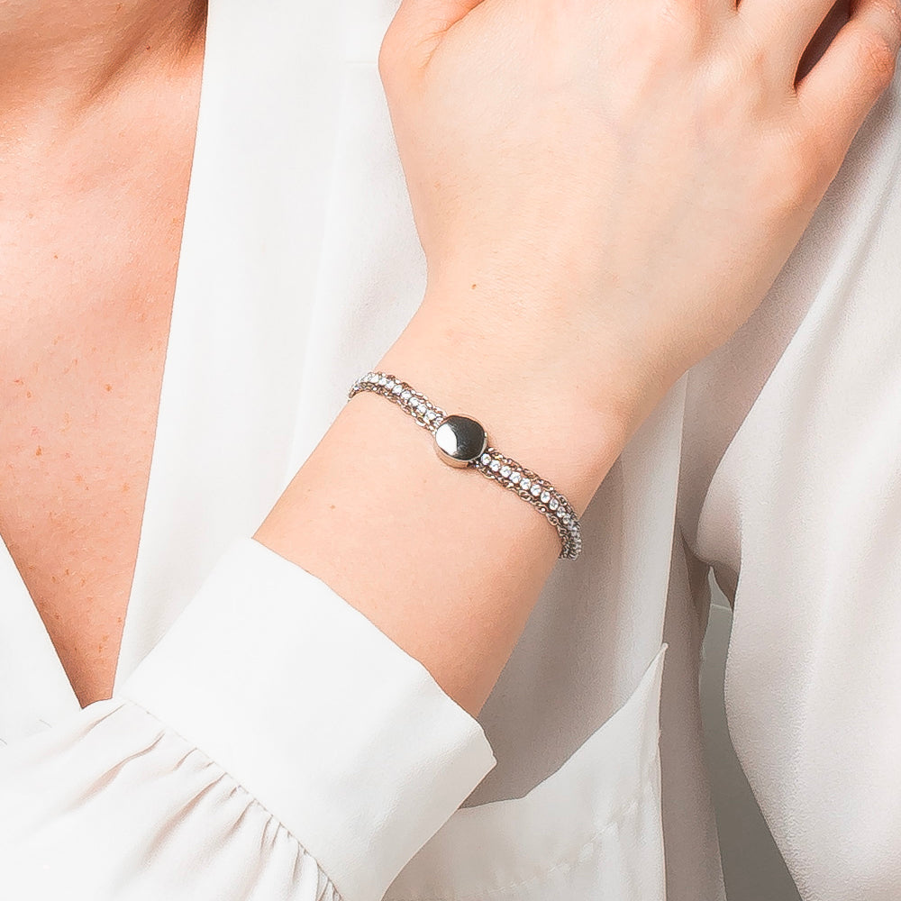 BRACCIALE DONNA TENNIS IN ACCIAIO CON ELEMENTO CENTRALE IN ACCIAIO E CRISTALLI