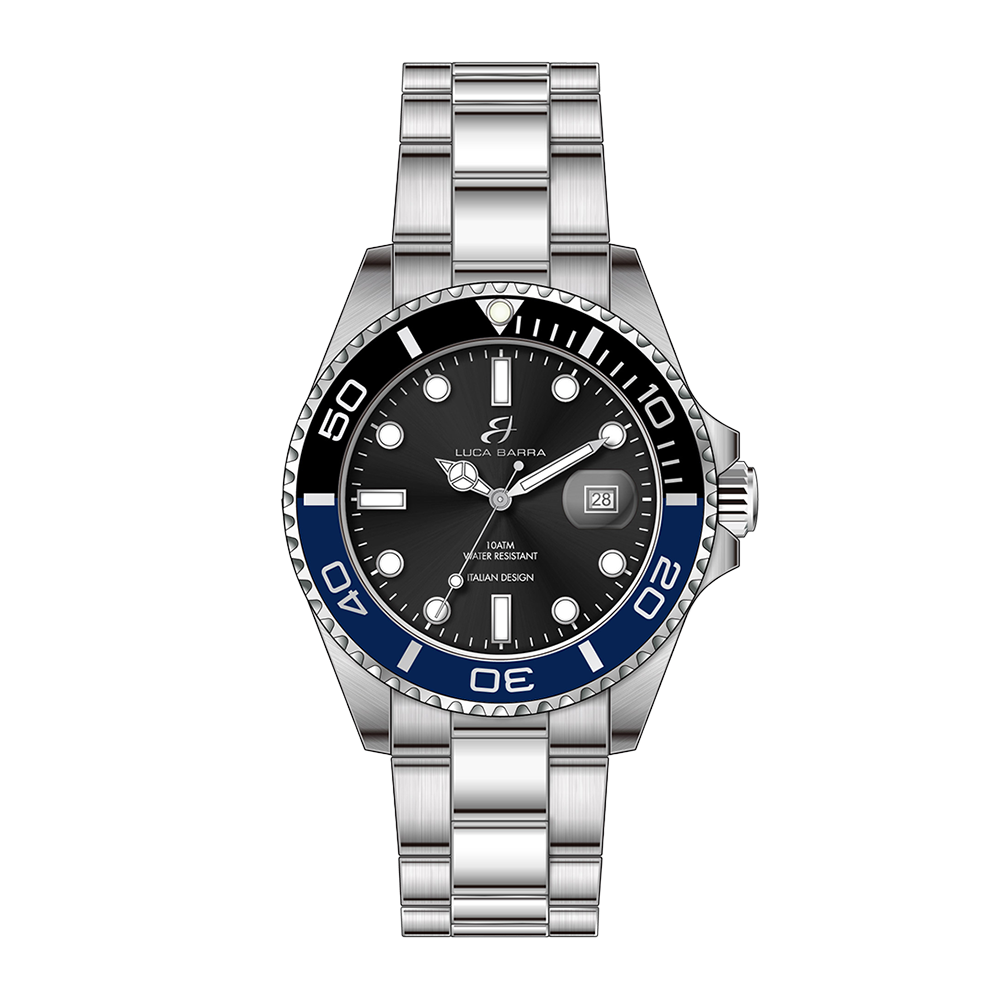 OROLOGIO UOMO CON CASSA IN ACCIAIO QUADRANTE NERO GHIERA NERA E BLU