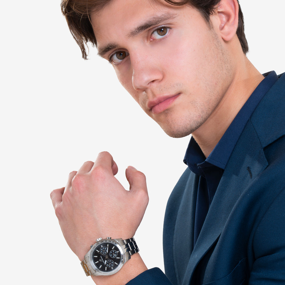 OROLOGIO UOMO IN ACCIAIO CON QUADRANTE NERO E GHIERA SILVER