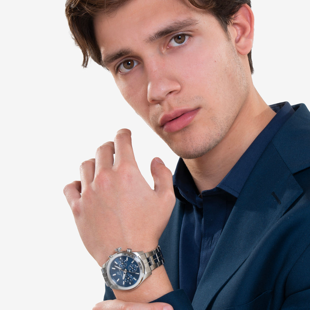 OROLOGIO UOMO IN ACCIAIO CON QUADRANTE BLU E GHIERA SILVER