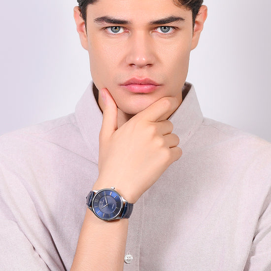 OROLOGIO UOMO IN ACCIAIO CINTURINO PELLE BLU