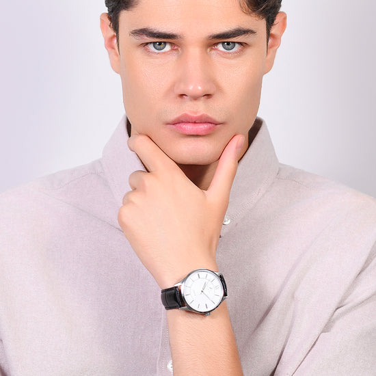 OROLOGIO UOMO IN ACCIAIO CINTURINO PELLE NERA E QUADRANTE BIANCO