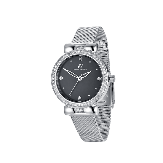 OROLOGIO DONNA CON CASSA IN ACCIAIO QUADRANTE NERO GHIERA CON CRISTALLI BIANCHI Luca Barra