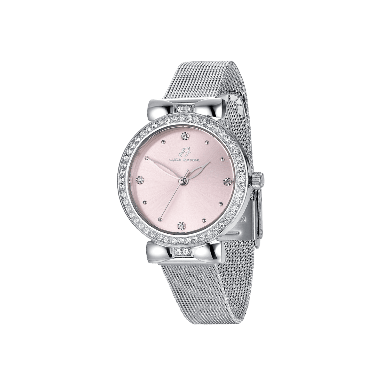 OROLOGIO DONNA CON CASSA IN ACCIAIO QUADRANTE ROSA GHIERA CON CRISTALLI BIANCHI Luca Barra