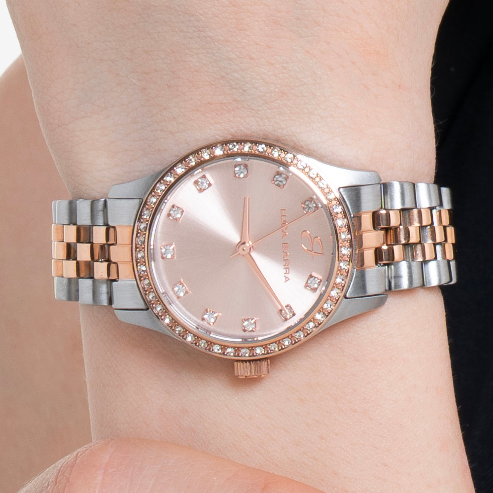 OROLOGIO DONNA IN ACCIAIO CON QUADRANTE IP ROSE E GHIERA CON CRISTALLI BIANCHI
