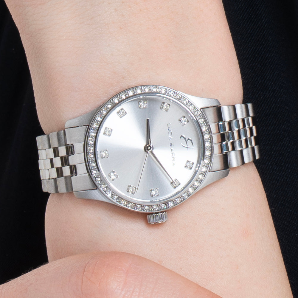 OROLOGIO DONNA IN ACCIAIO CON QUADRANTE SILVER E GHIERA CON CRISTALLI BIANCHI