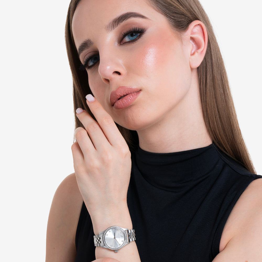 OROLOGIO DONNA IN ACCIAIO CON QUADRANTE SILVER E GHIERA CON CRISTALLI BIANCHI