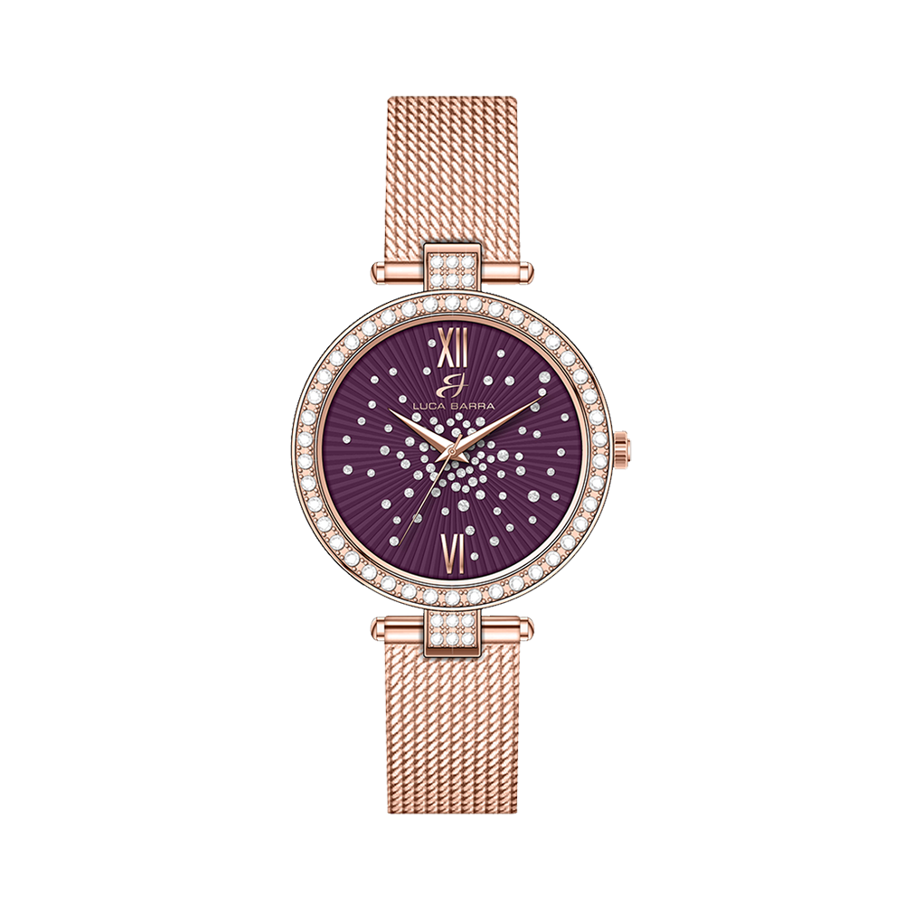 OROLOGIO DONNA IN ACCIAIO IP ROSE QUADRANTE VIOLA GHIERA CON CRISTALLI BIANCHI Luca Barra