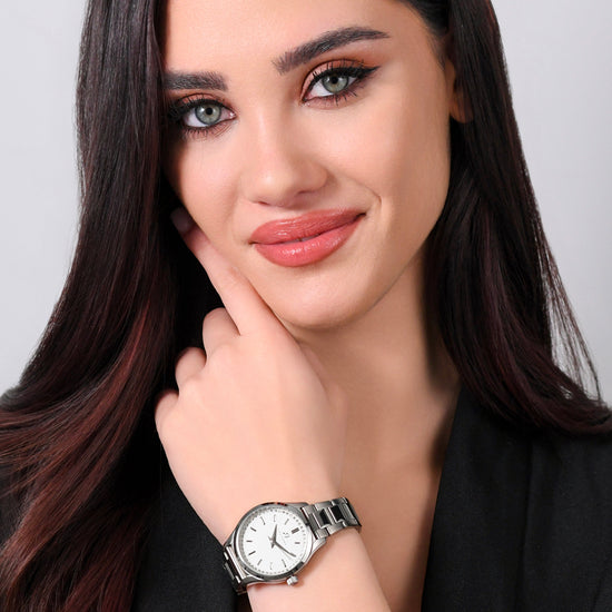 OROLOGIO DONNA IN ACCIAIO GHIERA CRISTALLI BIANCHI