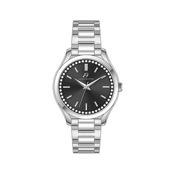OROLOGIO DONNA IN ACCIAIO GHIERA NERA E CRISTALLI BIANCHI
