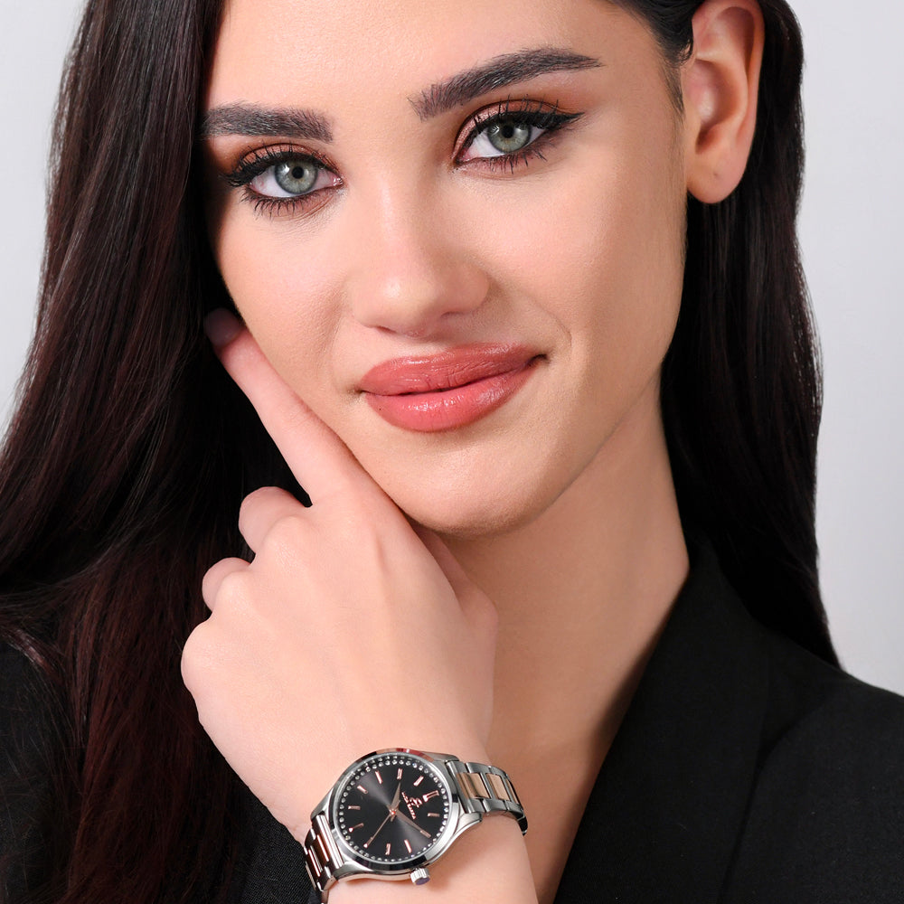 OROLOGIO DONNA IN ACCIAIO GHIERA NERA E IP GOLD