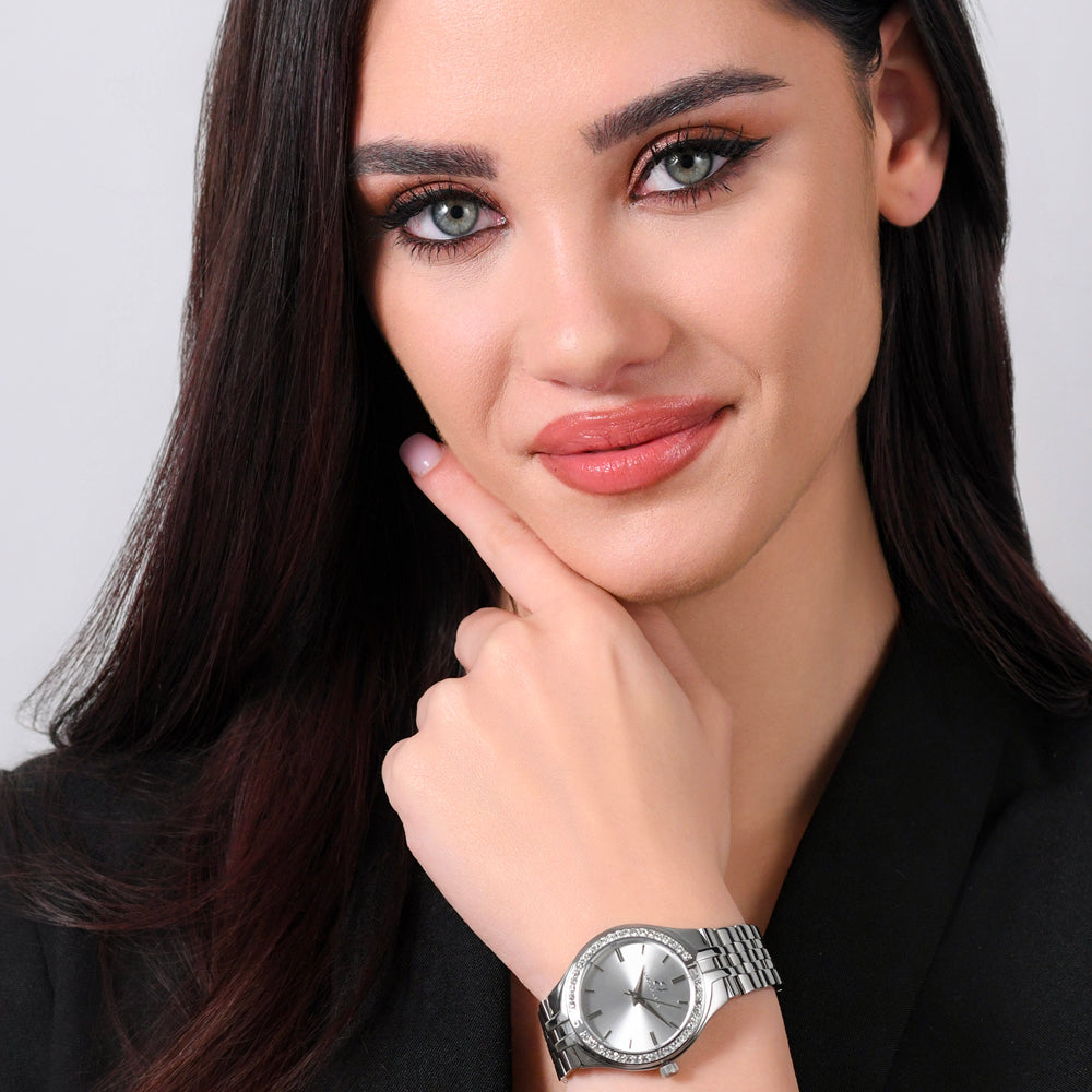 OROLOGIO DONNA IN ACCIAIO GHIERA CRISTALLI BIANCHI