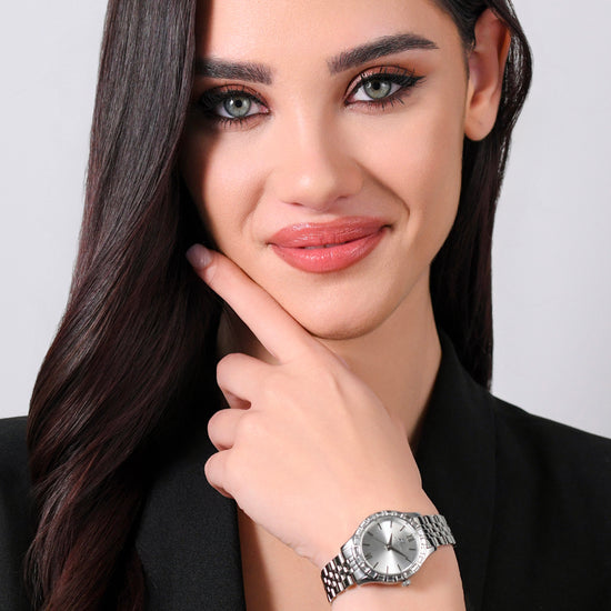 OROLOGIO DONNA IN ACCIAIO GHIERA CRISTALLI BIANCHI
