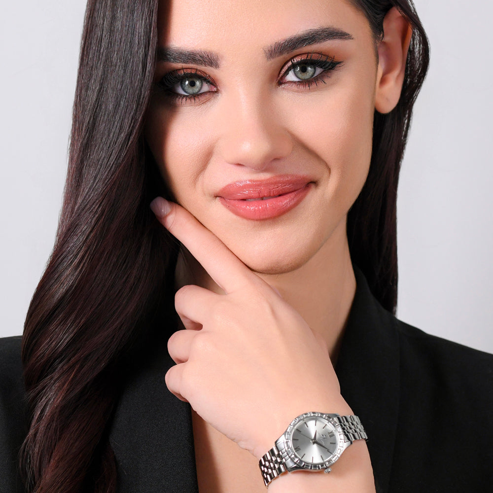 OROLOGIO DONNA IN ACCIAIO GHIERA CRISTALLI BIANCHI