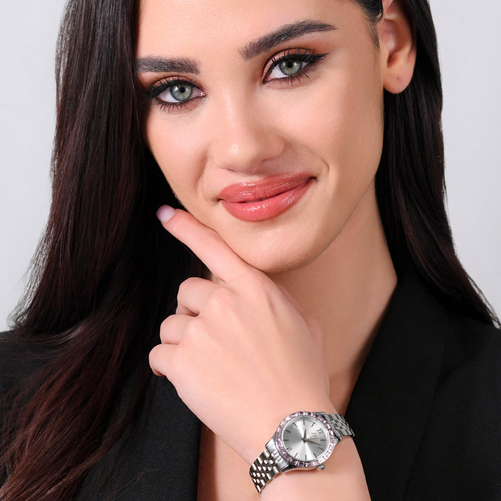 OROLOGIO DONNA IN ACCIAIO GHIERA CRISTALLI ROSA