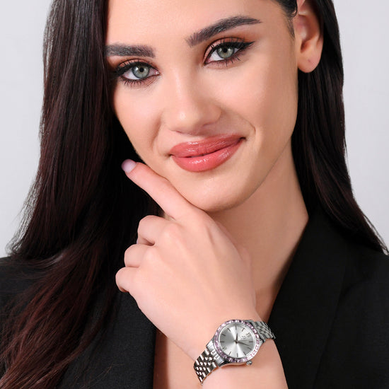 OROLOGIO DONNA IN ACCIAIO GHIERA CRISTALLI ROSA