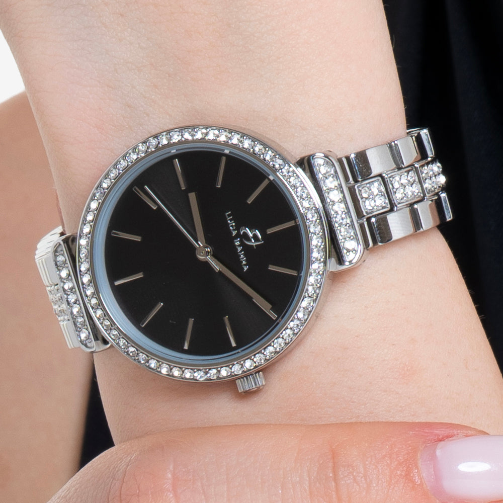OROLOGIO DONNA IN ACCIAIO CRISTALLI GHIERA E QUADRANTE NERO