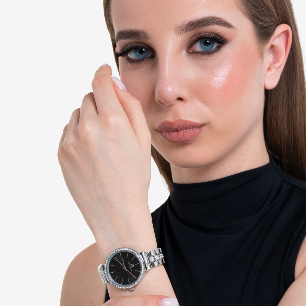 OROLOGIO DONNA IN ACCIAIO CRISTALLI GHIERA E QUADRANTE NERO