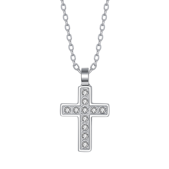 COLLANA UOMO IN ACCIAIO CON CROCE E CRISTALLI BIANCHI