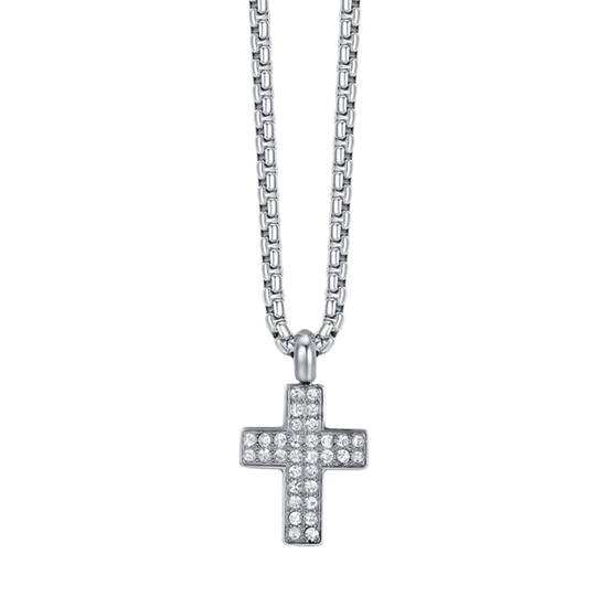 Collana Uomo In Acciaio Inox Argento Con Ciondolo Croce - 24 Pollici, Scatola Tonda Inclusa - Pure Luxe Jewelry