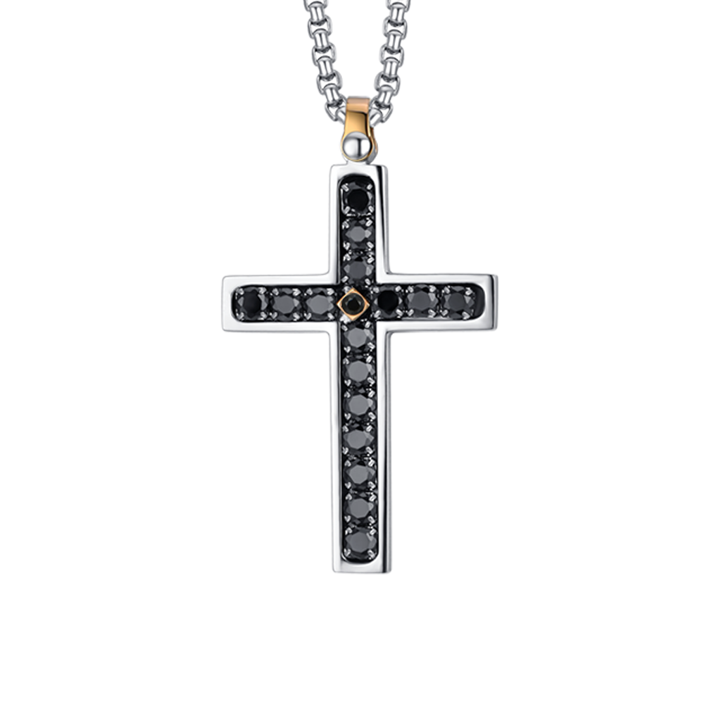 COLLANA UOMO IN ACCIAIO CROCE CON CRISTALLI NERI