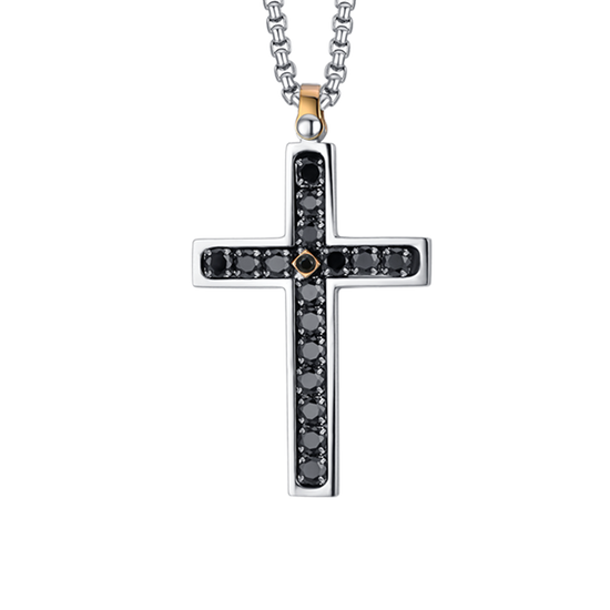 COLLANA UOMO IN ACCIAIO CROCE CON CRISTALLI NERI