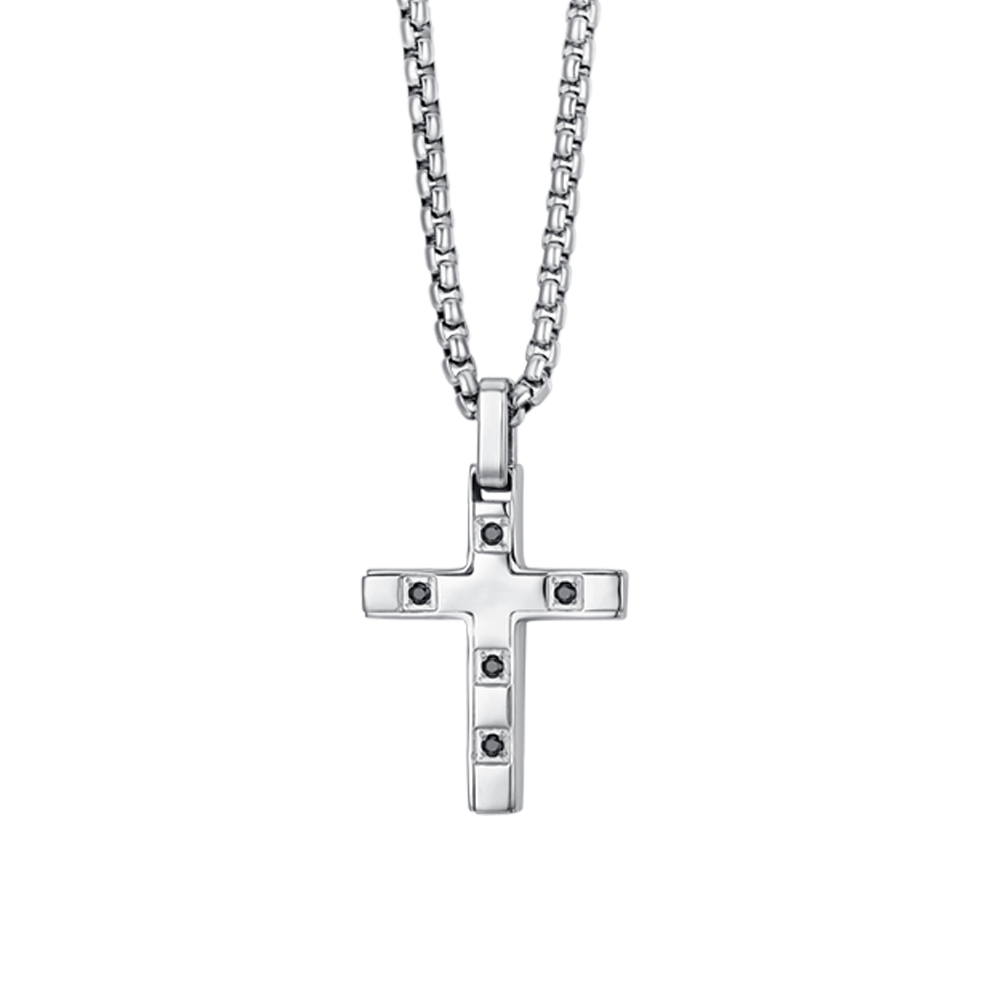 COLLANA UOMO IN ACCIAIO CROCE CON CRISTALLI NERI