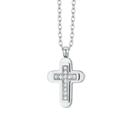 COLLANA UOMO IN ACCIAIO CROCE E ZIRCONI BIANCHI