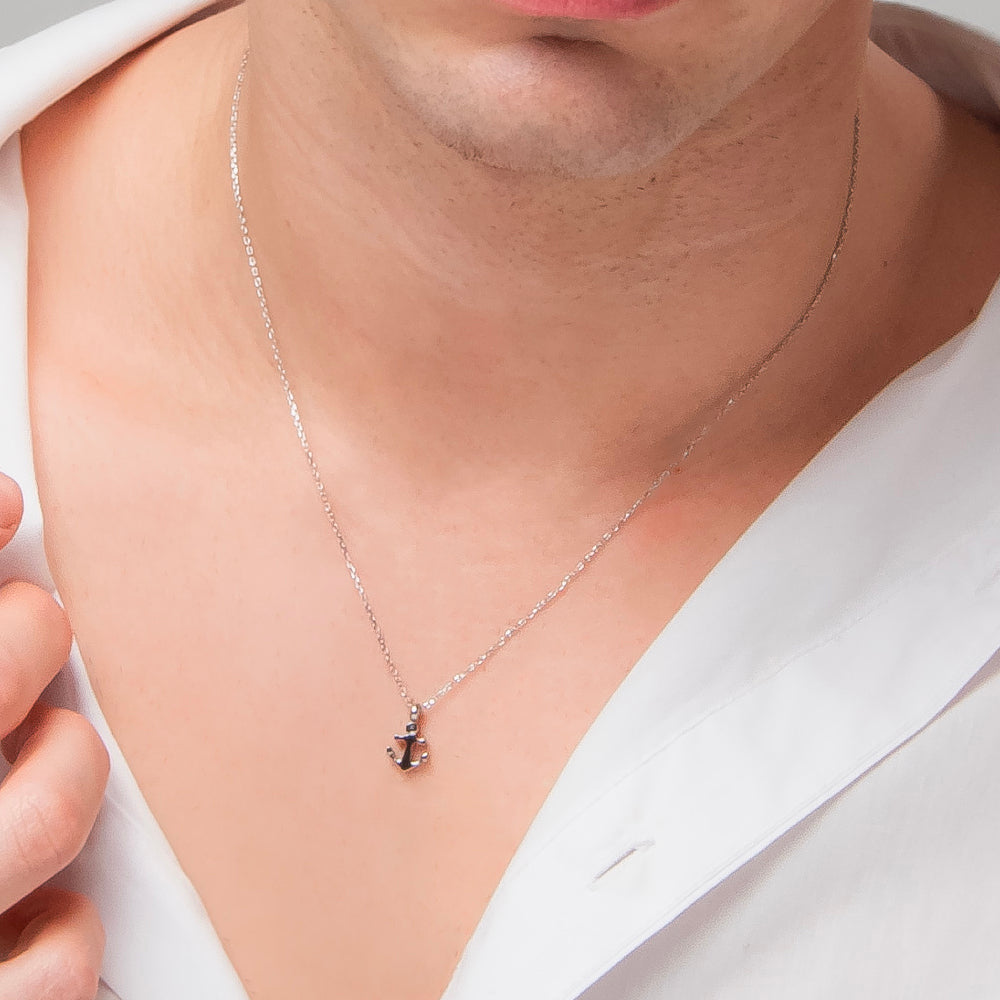 COLLANA UOMO IN ACCIAIO CON ANCORA E ZIRCONE NERO