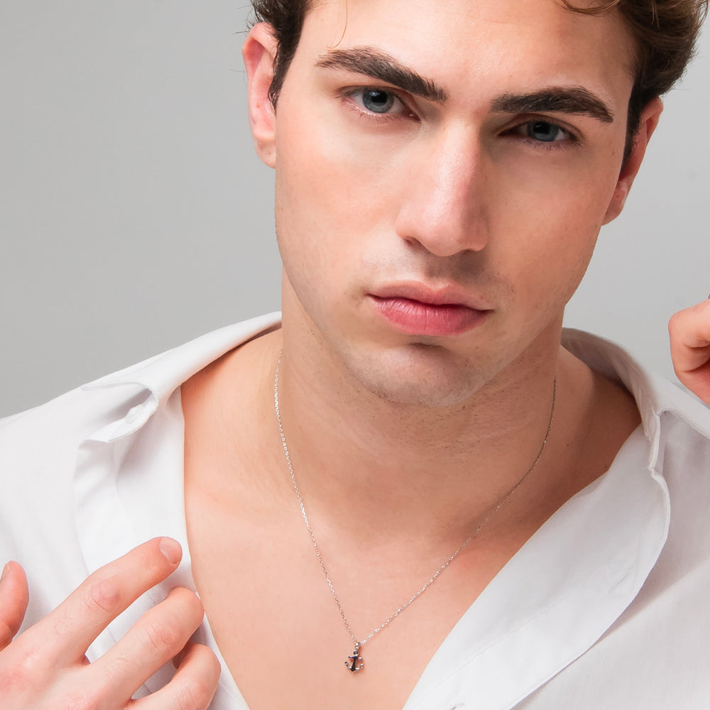 COLLANA UOMO IN ACCIAIO CON ANCORA E ZIRCONE NERO