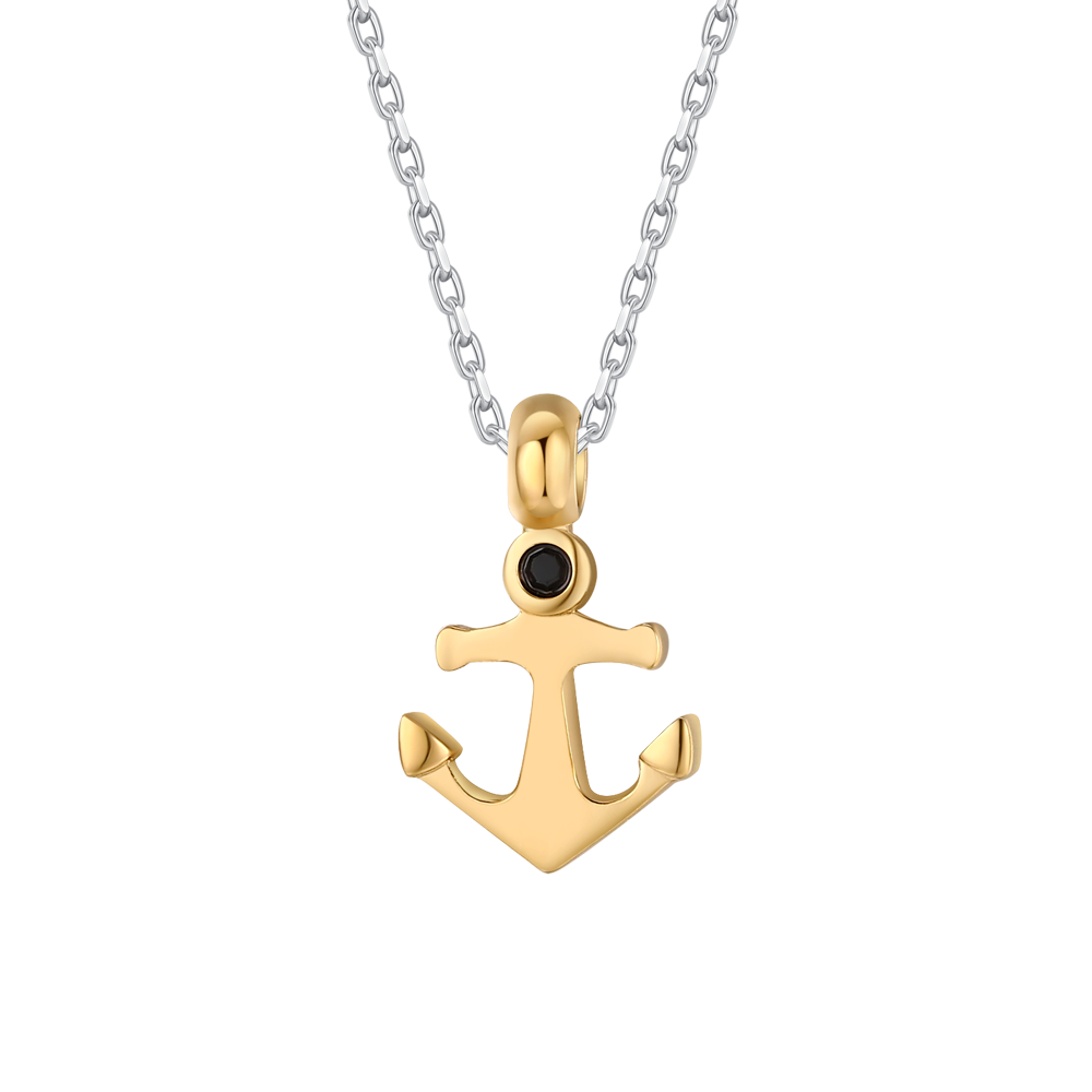 COLLANA UOMO IN ACCIAIO COLORE ORO CON ANCORA E ZIRCONE NERO