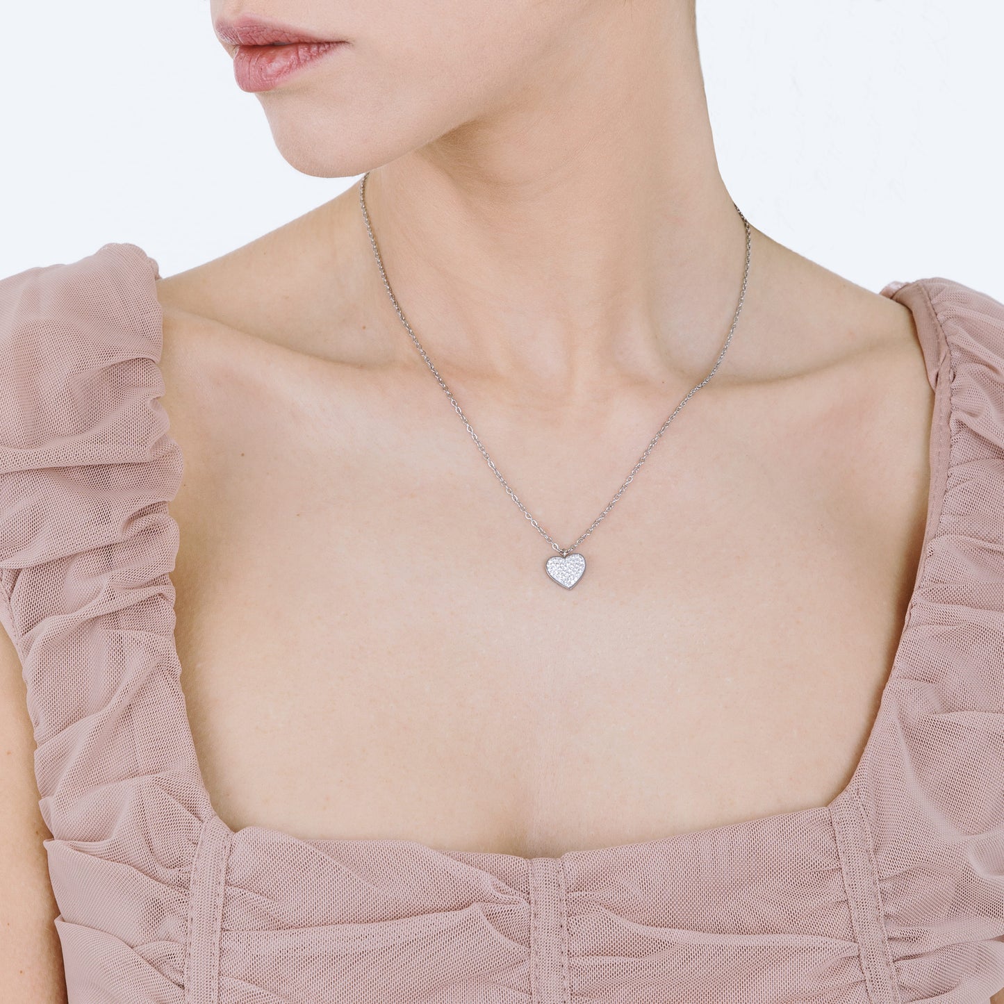 Enrico Coveri Collana Donna Con Cuore Tempestato Di Brillanti, In Acciaio Inox 316L, Lunghezza 45 Cm, Pietra Bianca