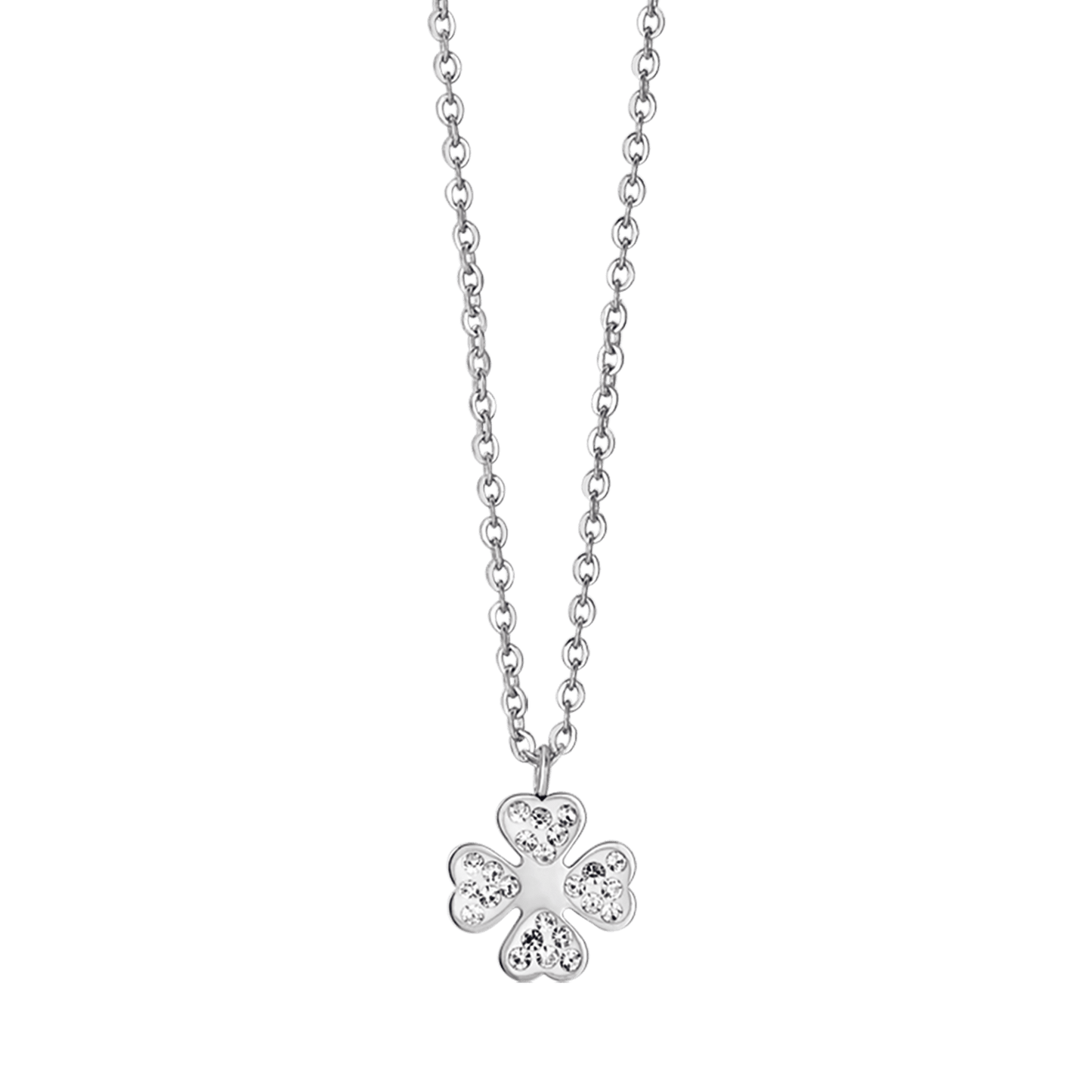 Collana Donna Con Ciondolo Quadrifoglio Portafortuna, In Acciaio Inox Ipoallergenico E Cristalli, Lunghezza 45 Cm, Regalo Perfetto