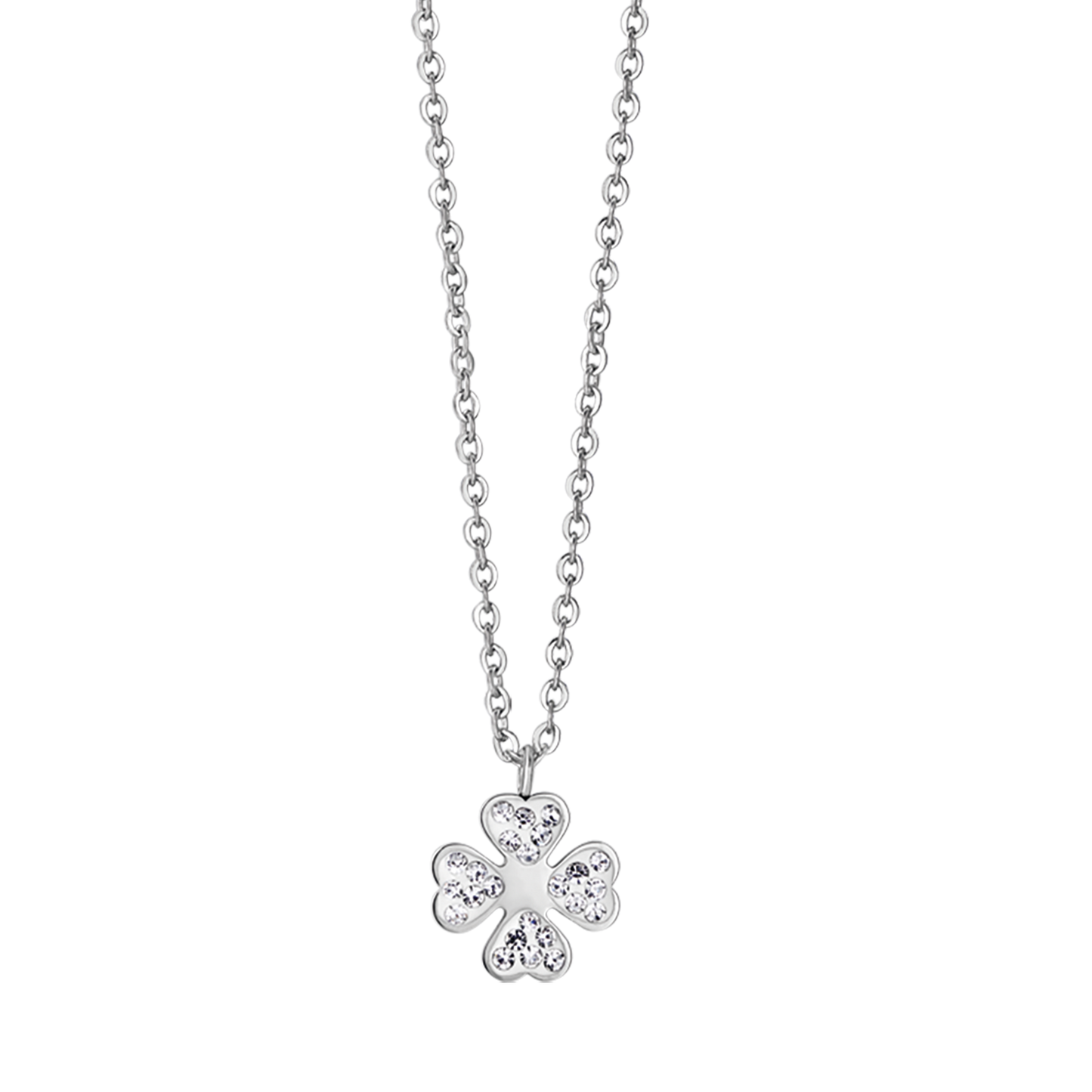COLLANA DONNA IN ACCIAIO CON QUADRIFOGLIO E CRISTALLI BIANCHI