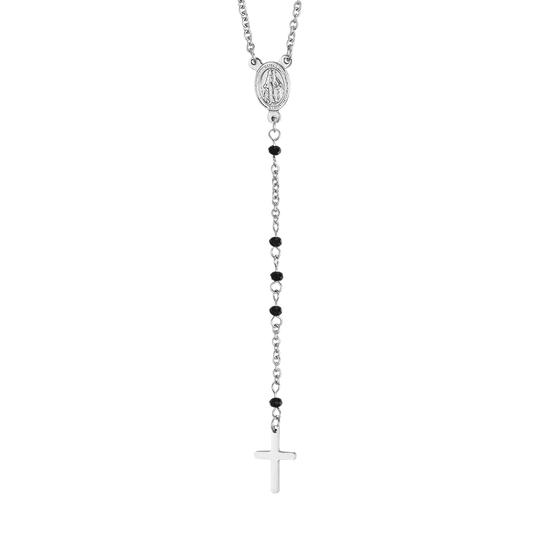 COLLANA DONNA ROSARIO IN ACCIAIO CON CRISTALLI NERI CON PENDENTE