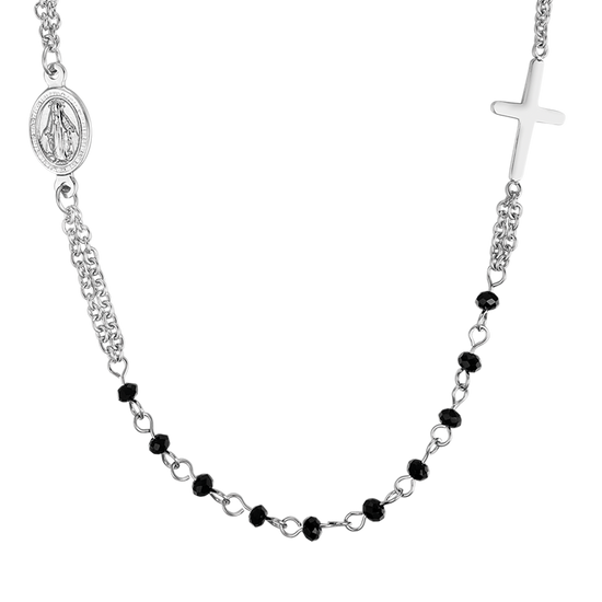 COLLANA DONNA ROSARIO IN ACCIAIO CON CRISTALLI NERI