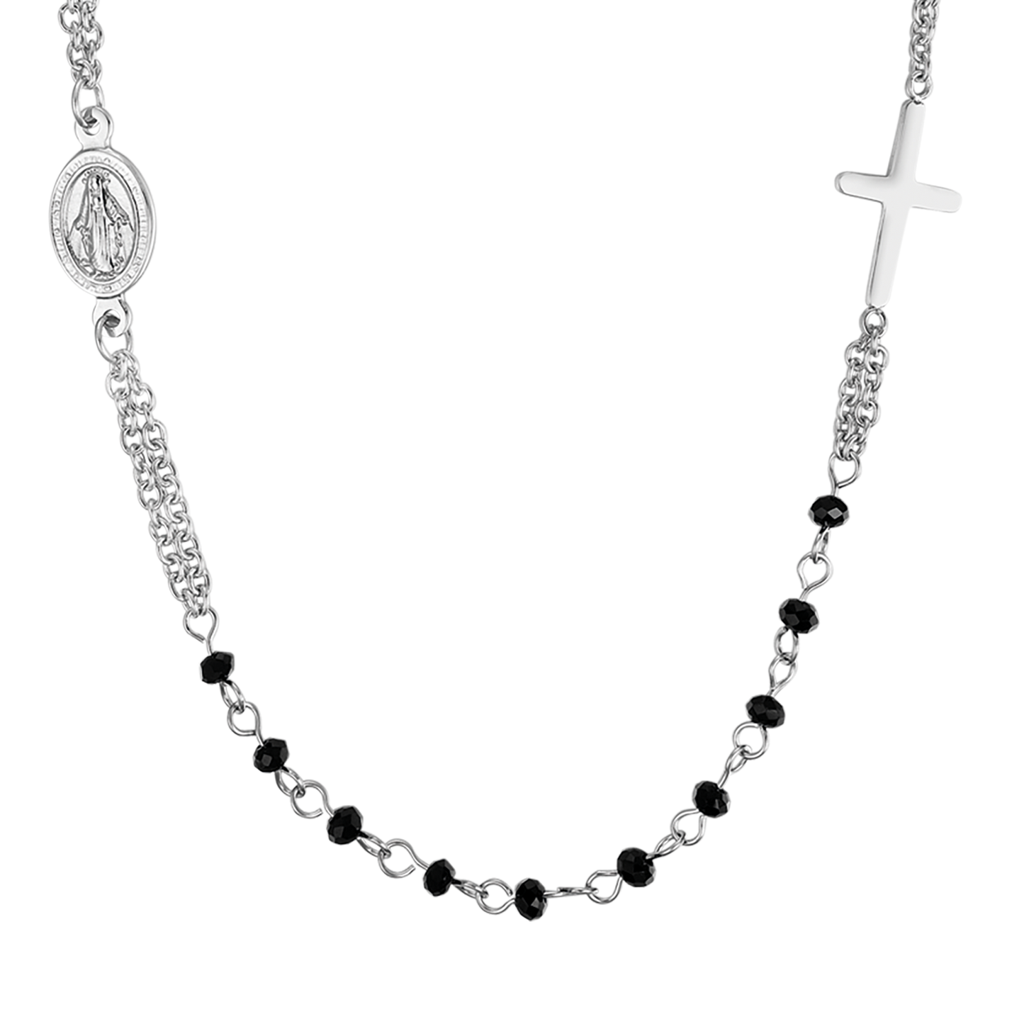 COLLANA DONNA ROSARIO IN ACCIAIO CON CRISTALLI NERI