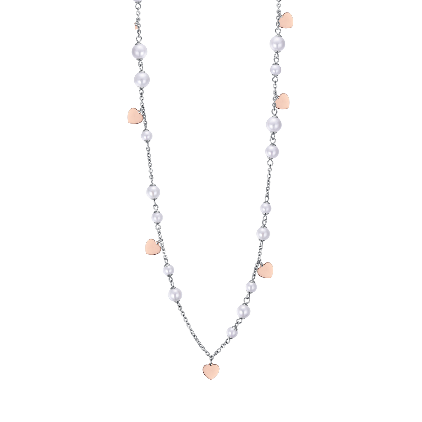 COLLANA IN ACCIAIO CON PERLE BIANCHE E CUORI IP ROSE