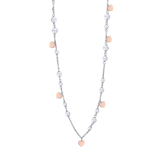 COLLANA IN ACCIAIO CON PERLE BIANCHE E CUORI IP ROSE Luca Barra