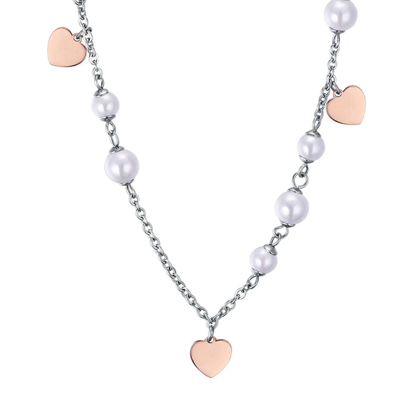 COLLANA IN ACCIAIO CON PERLE BIANCHE E CUORI IP ROSE