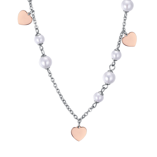 COLLANA IN ACCIAIO CON PERLE BIANCHE E CUORI IP ROSE