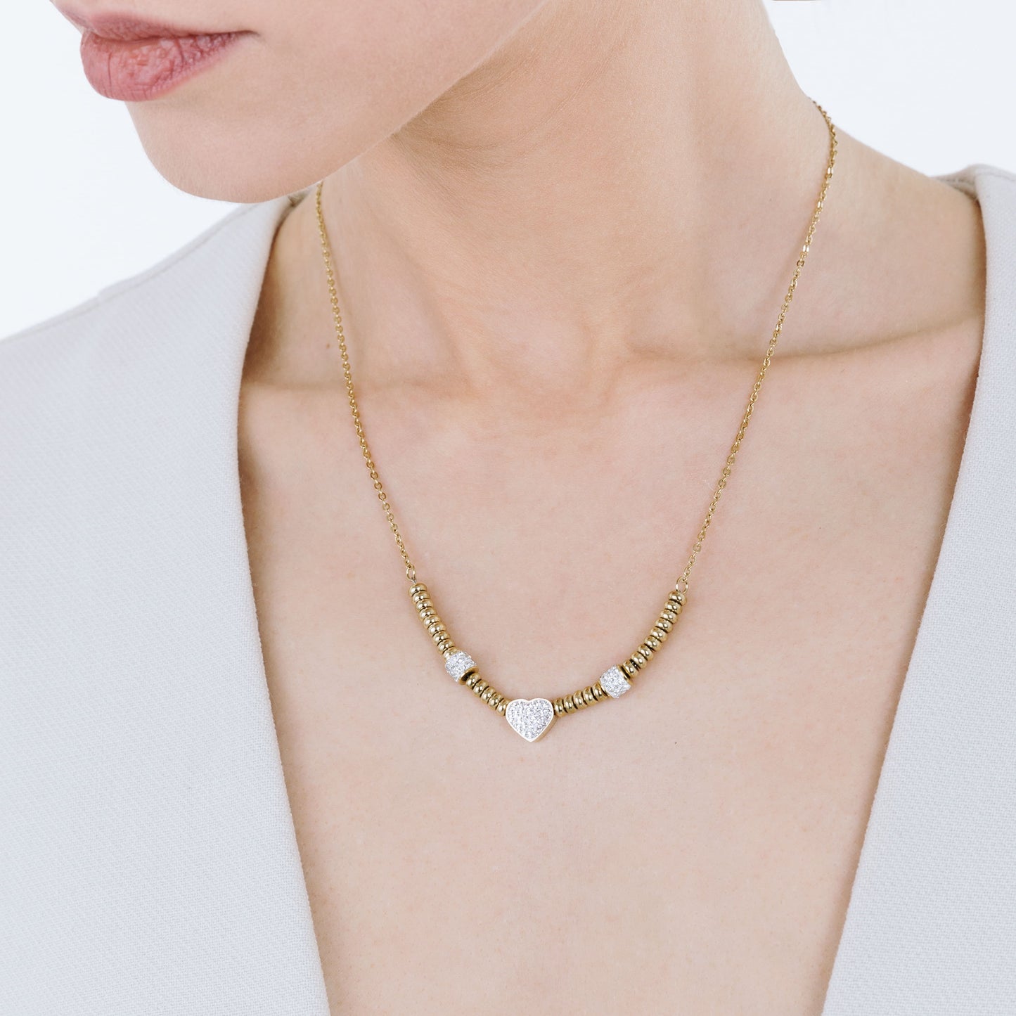 COLLANA IN ACCIAIO IP GOLD CON CUORE CON CRISTALLI BIANCHI