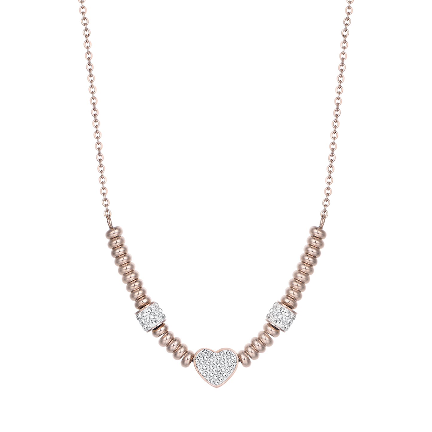 COLLANA IN ACCIAIO IP ROSE CON CUORE CON CRISTALLI BIANCHI