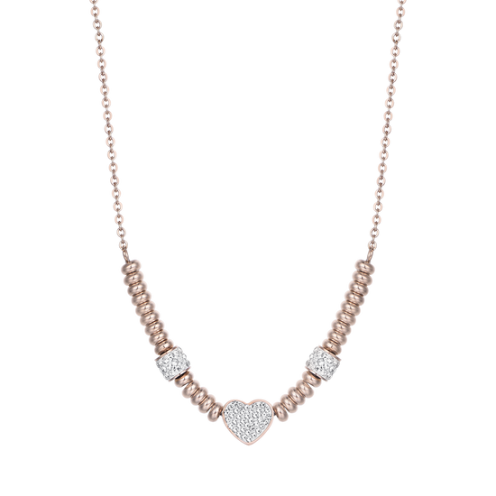 COLLANA IN ACCIAIO IP ROSE CON CUORE CON CRISTALLI BIANCHI