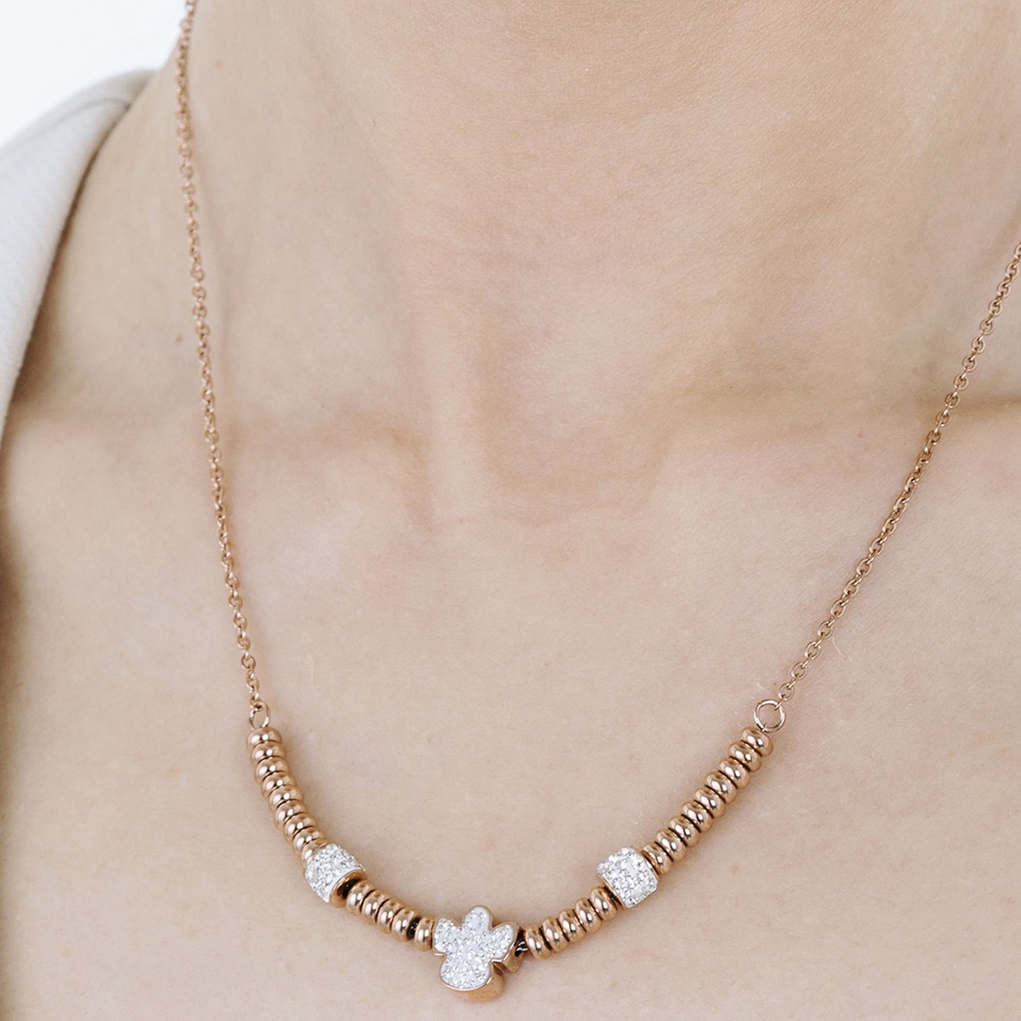 COLLANA IN ACCIAIO IP ROSE CON ANGELO CON CRISTALLI BIANCHI