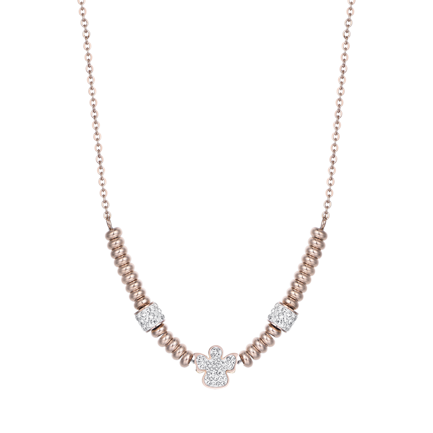 COLLANA IN ACCIAIO IP ROSE CON ANGELO CON CRISTALLI BIANCHI