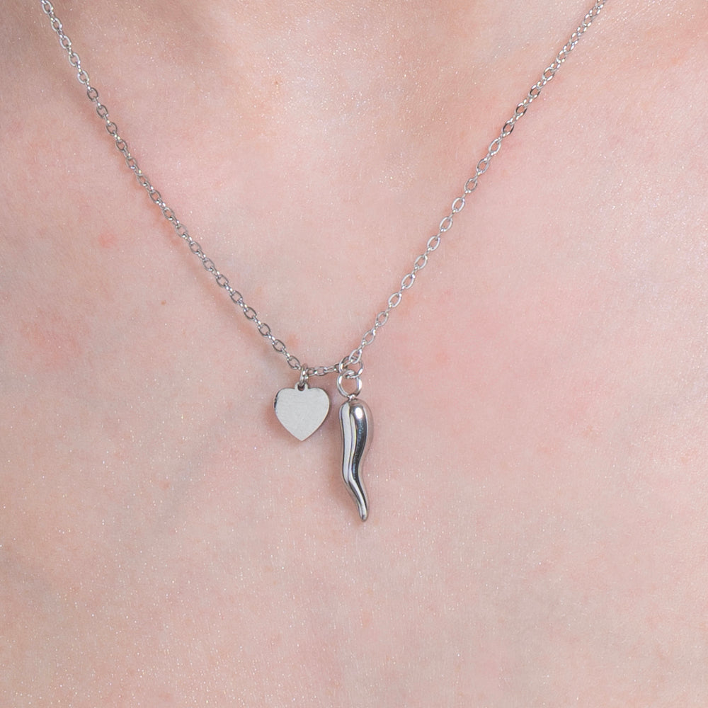 COLLANA DONNA IN ACCIAIO CON CUORE E CORNO
