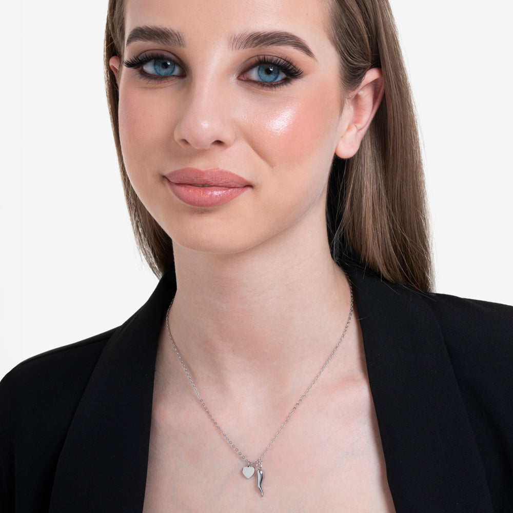 COLLANA DONNA IN ACCIAIO CON CUORE E CORNO