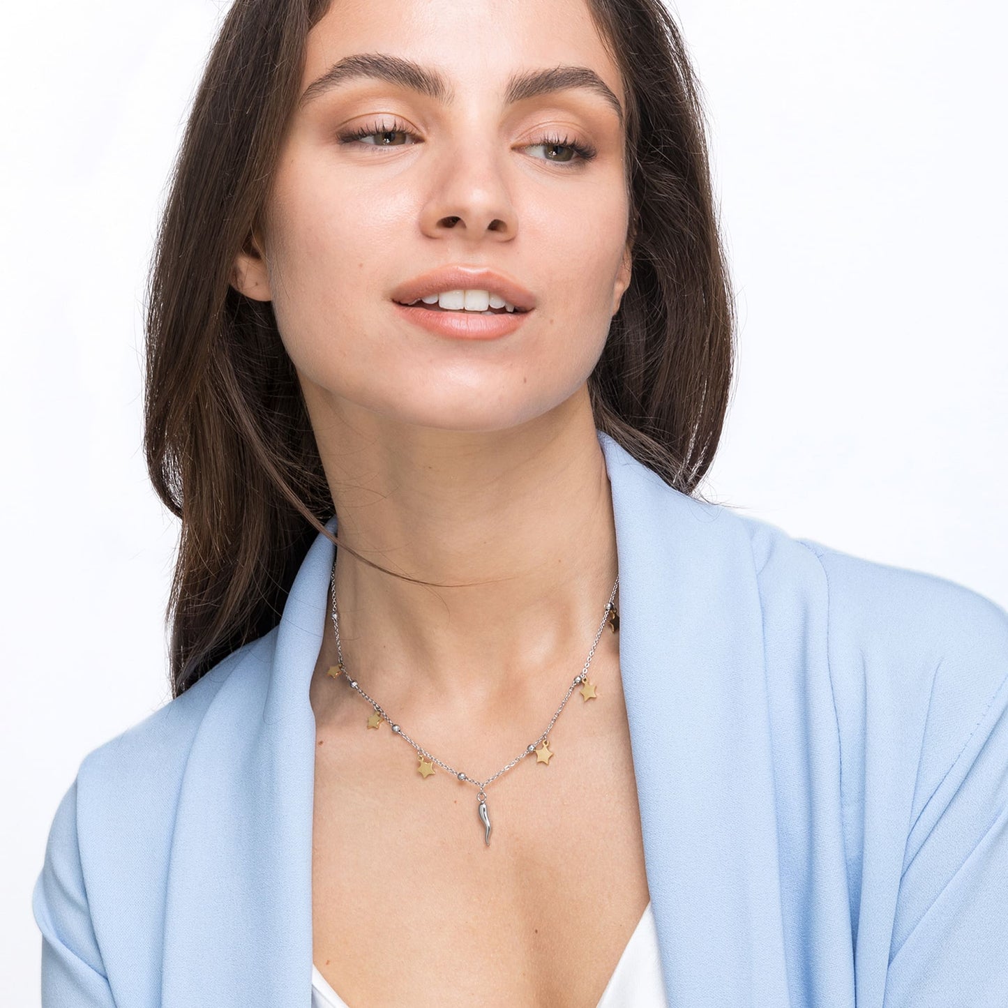 COLLANA DONNA IN ACCIAIO CON STELLE IN ACCIAIO IP GOLD E CORNO